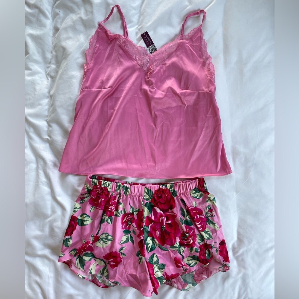 Adore Me Pink Satin Lace Cami & Floral Shorts Pajama Set